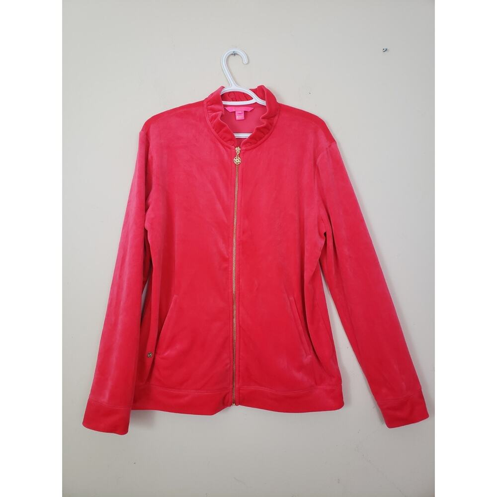 Lilly Pulitzer Jayla Womens Jacket Size XL Velour Ruffle Zip-Up Red Travel